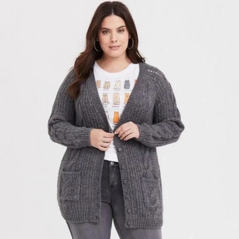 Torrid plus size 2 2X Gray Cable Cardigan Sweater Grandpa Grey Wool Blend Cozy